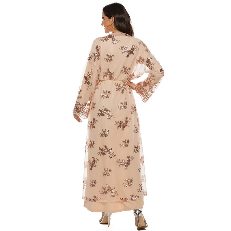 Imagem -02 - Cardigã Longo de Lantejoulas Feminino Sexy Elegante Casual Manga Cheia Malha Cabolsa para Ver Através Ponto Aberto Robe Kaftan Feminino Novo 2023