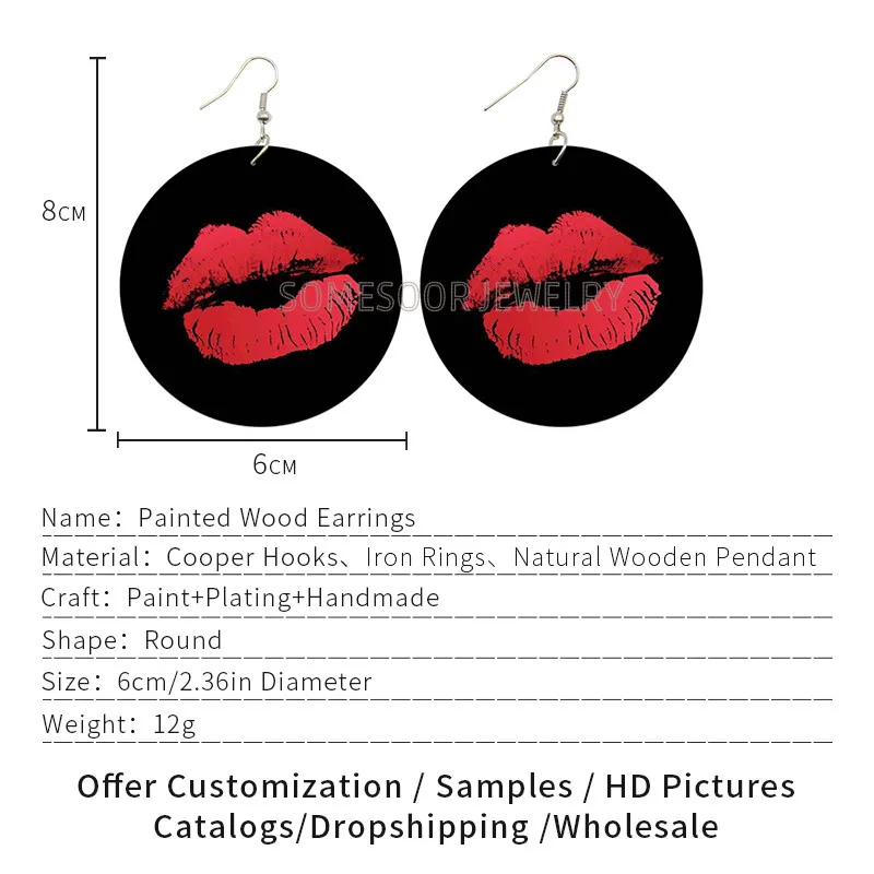 SOMESOOR Vintage Big Red Lips Painted Wooden Drop Earrings 6CM Round Pendant Loops Bohemian Ear Dangle Jewelry For Women Gifts