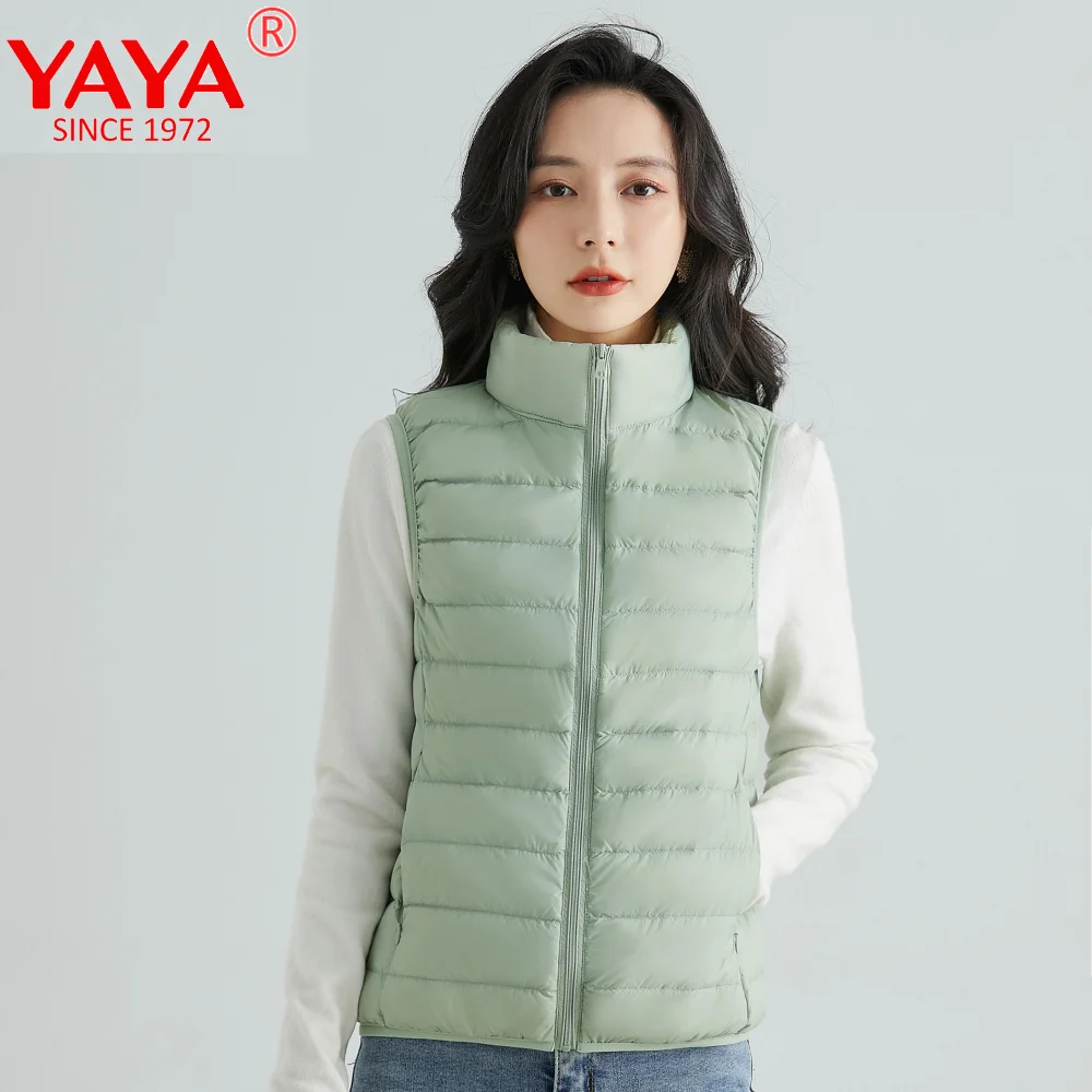 

YAYA 2023 Women Down Jackets Spring Short Vest Stand Collar Extra Light Easily Packed Portable Casual Coat Ladies Padded Parkas