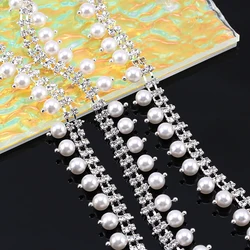 QIAO Rhinestone Pearl Chain DIY Crystal Trim Sew/Glue on Decorative Chain Ribbon For Rhinestones Garment Needlework Decorations