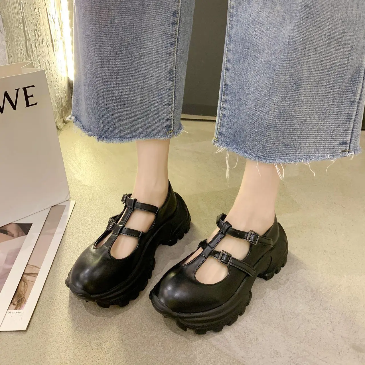 Sandals One-word Buckle Mary Jane Shoes Small Leather Shoes Lolita Shoes Japanese Style Women Shoes High Heel Platform Shoes