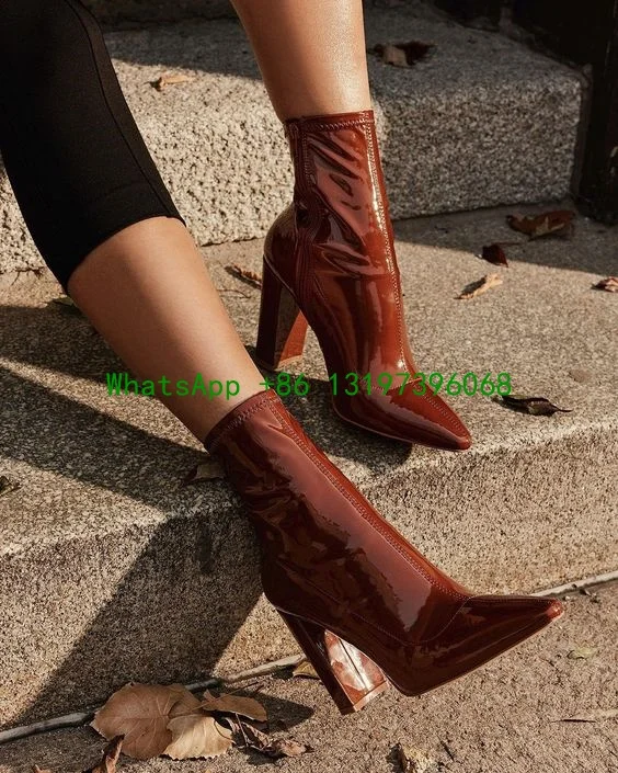 Lady Patent PU Leather Women Ankle Boots Thick Heel Pointed Toe Ladies Short Boots Brown Female Party Boots Large Size