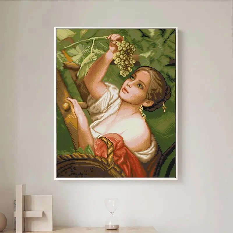 Joy Sunday The Girl picking grapes DIY Character Cross Stitch Kit 14CT11CT Count Canvas Printed Embroidery Set Needlework Crafts