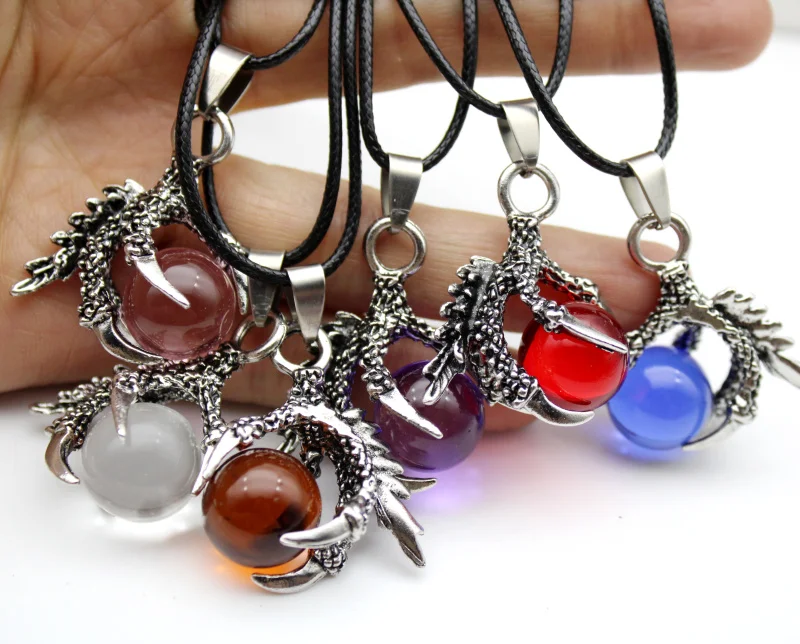 Natural Stone Dragon Claw Pendants Necklace Pink red blue purple  glass beads Vintage style pendant Jewellery Charms Pendulum