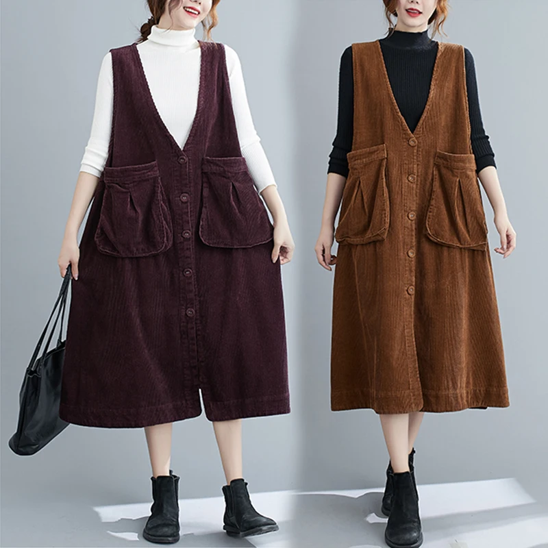 

Fall Winter Corduroy Solid Color Dress Women's Clothing Spring Autumn Pleated Big Pocket Vest A-line Dress d565