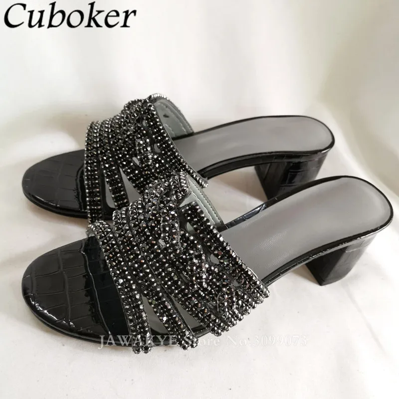 Hot Sale Chunky Heels Rhinestone Slippers Women Peep Toe Bling High Heel Ladies Slides Summer Sexy Party Dress Sandalias Mujer