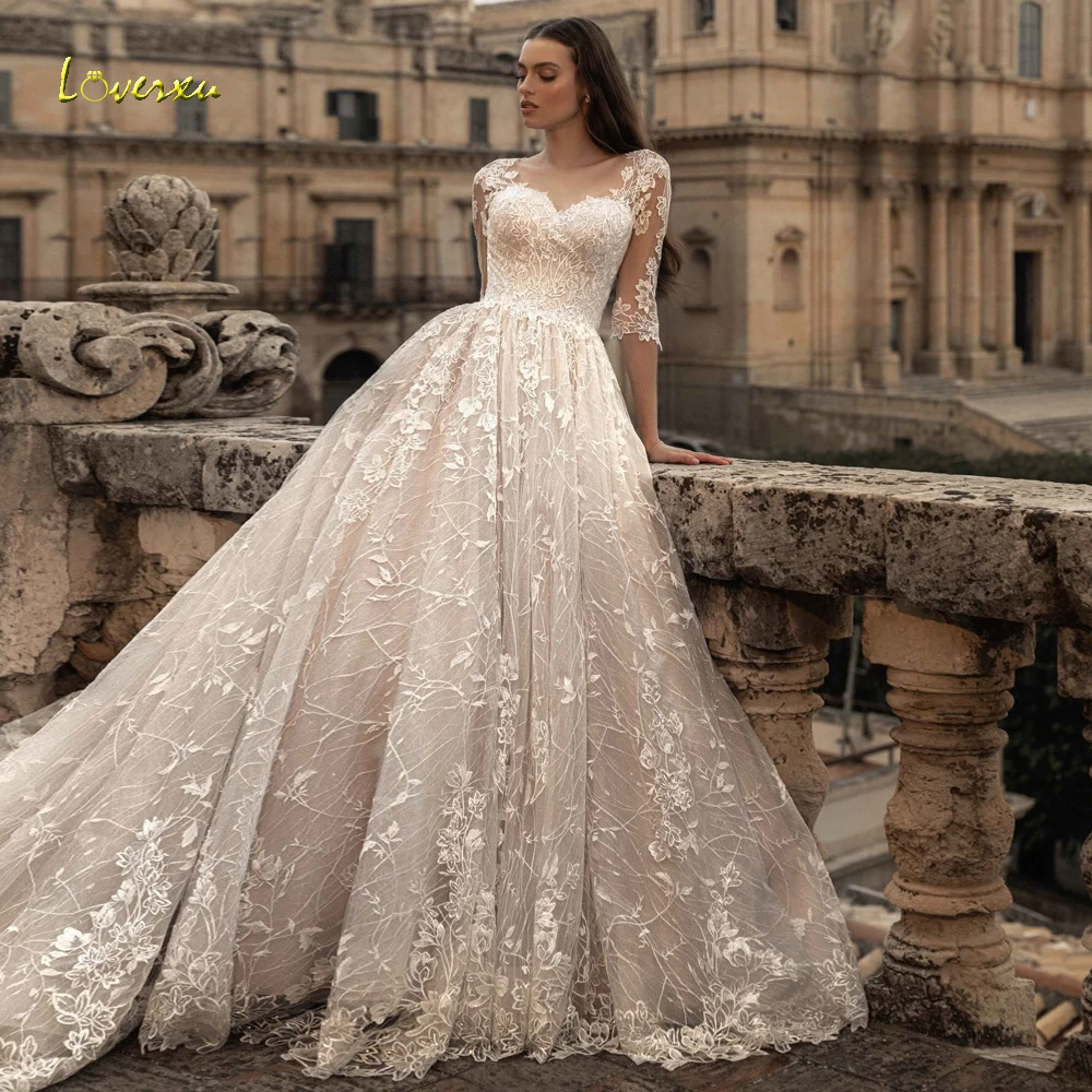 Loverxu linha a vestidos de casamento elegantes colher meia manga vestido de novia rendas apliques vintage feito sob encomenda robe de mariee