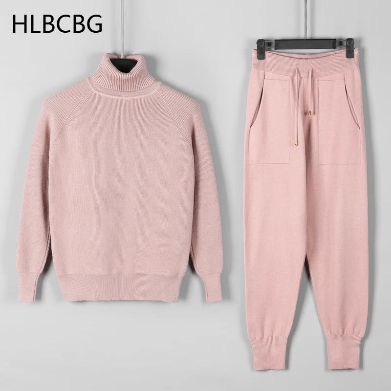 HLBCBG Two Piece Set Women Knit Sport Suits Thick Warm Turtleneck Women Sweater + Drawstring Harem Pants Winter Jogging Outfits