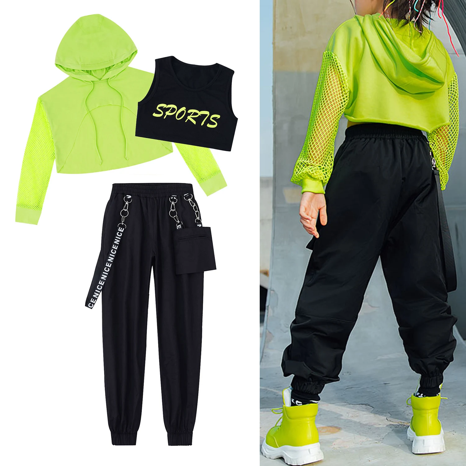 Kids Girls Hip-Hop Street Dance Clothes Outfits Vest Tops Cargo Sweatpants Net Cover Up Modern Teens 6-16Years Girls Streetwear