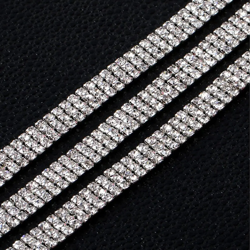 1/2/3-row 1Yard Silver Crystal Rhinestones Chain Flatback Silver Claw Rhinestone Trim Crystal for DIY Handcraft Sewing Applique