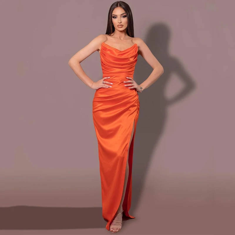 Eightale sexy vestidos de baile sem alças sereia vestido de noite laranja alta divisão andar comprimento noite cocktail vestidos de festa mais tamanho