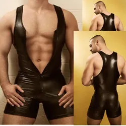 Mężczyźni bielizna body czarny Sexy Wetlook Faux Leather Zipper otwórz biust Stretch Tight erotyczne Catsuit fetysz Gay kostiumy Clubwear