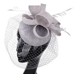 Elegant Women Chic Mesh Headwear Hoops Fascinator Hat Mesh Fancy Feather Hair Accessories Chapeau Cap Party Dinner Headpiece