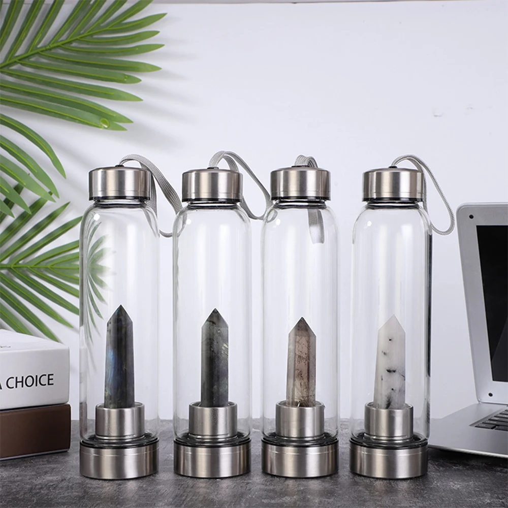 2020 New Water Bottle Drinking Cup Natural Quartz Gemstone Glass Direct Natura Polished Crystal Obelisk Wand Healing With Rope