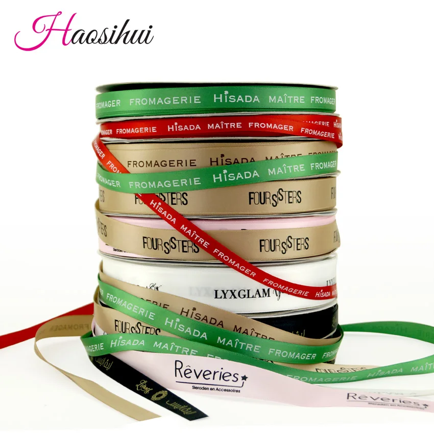 HAOSIHUI-Cinta de logotipo impresa personalizada, embalaje de regalo, decoración de poliéster satinado para boda, 6mm-100mm, 100 yardas/lote