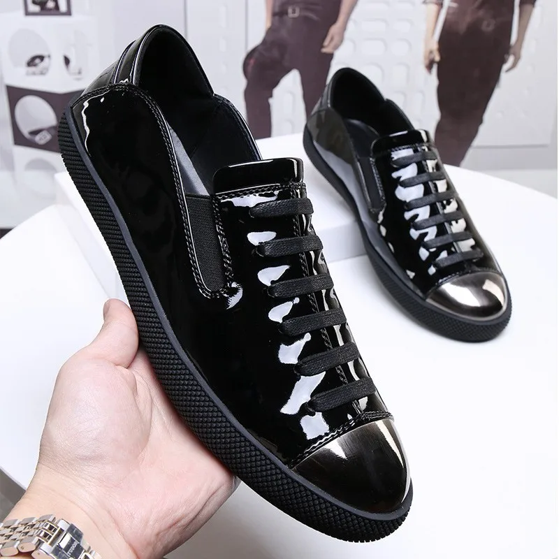 Loafers New Mens Genuine Slip On Casual Cross Straps Low Cut Footwear Flats Spring Male Patent Leather Lazy Shoes