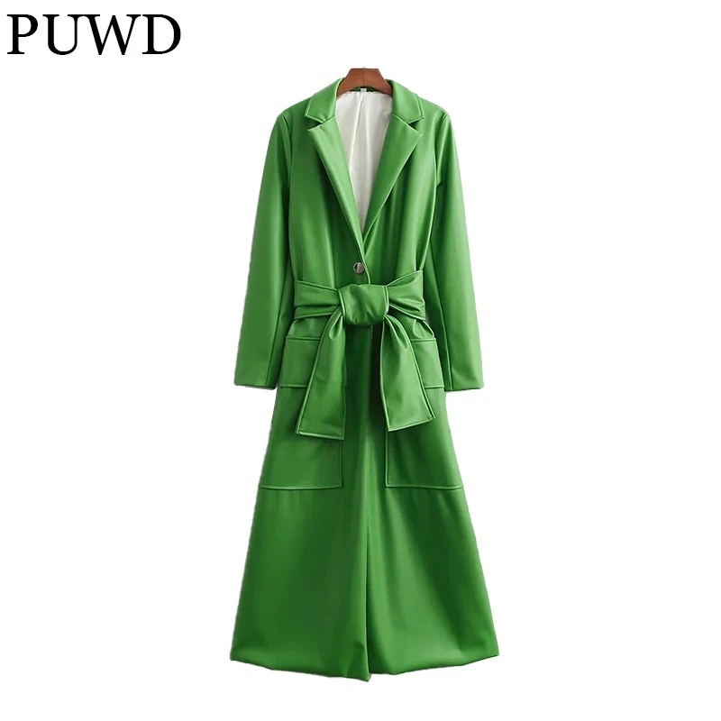 

PUWD Vintage Women Green Faux Leather Knotted Waist Windbreaker 2021 Autumn Jacket Casual Sashes With Coat Loose Female Outwear