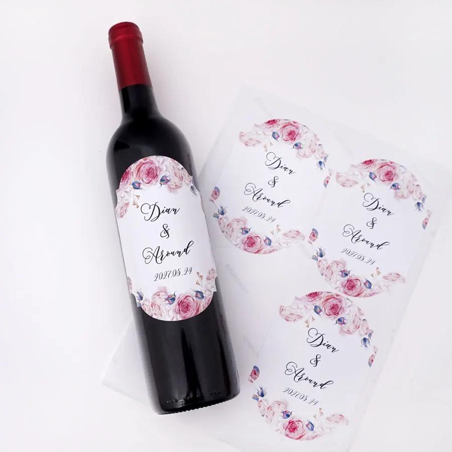 

20pcs/Lot Pink Flowers Romantic Style Personalized Wine Bottle Sticker Party Favor Custom Anniversary Bar Mitzvah Labels