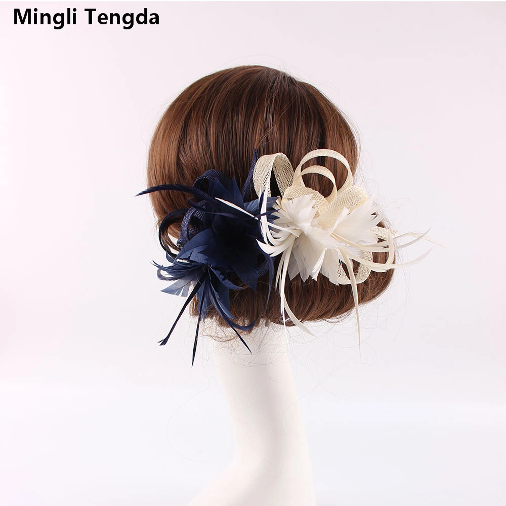 Mingli Tengda Cambric Bride Gauze Headwear Pure Manual Concise Headwear Wedding Headband Teal Color Bridal Feather Accessories