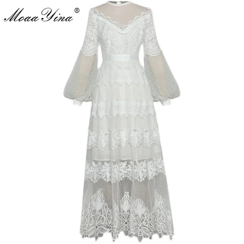 MoaaYina Fashion Designer dress Spring Women's Dress Lantern Sleeve Mesh Patchwork Embroidery White Plegant Party Dresses