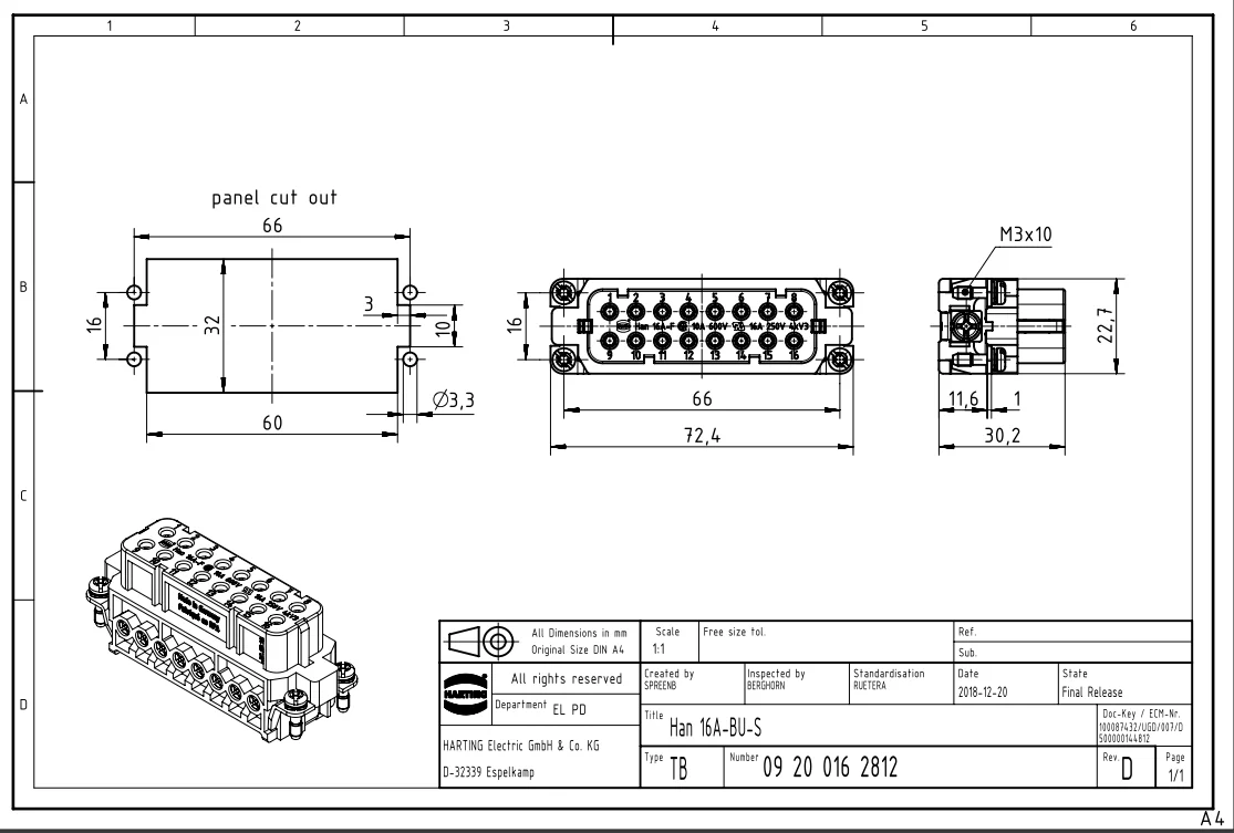 09200162812   เยอรมันเยอรมัน HARTTING เยอรมัน HARTTING Han 16A-BU-S 16-pin mother core เดิม