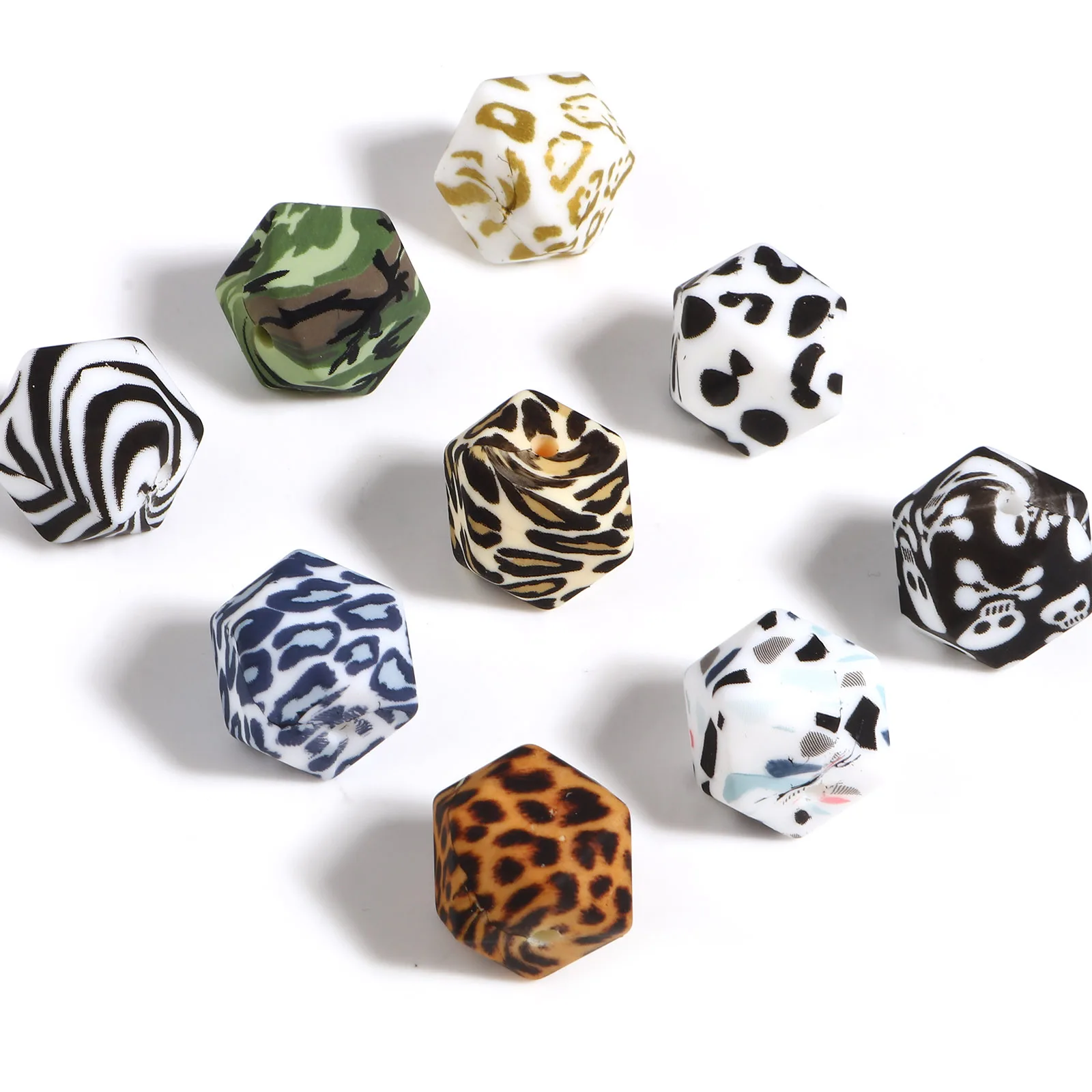 Silicone Spacer Beads Geometric Multicolor Zebra Stripe Pattern Faceted Loose Beads DIY Bracelets Jewelry About 14mm x 14mm,5PCs