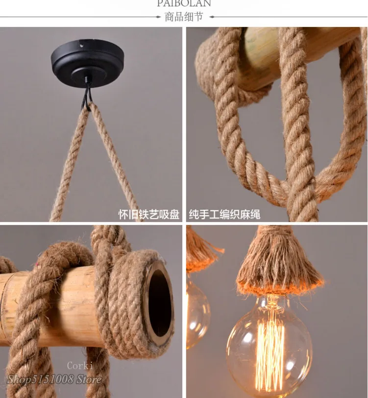 Imagem -06 - Vintage Rope Bamboo Pendant Lights Personality Loft Lights Corda de Cânhamo para Cozinha Pendurada Lâmpada Cafe Bar Decor Luminárias