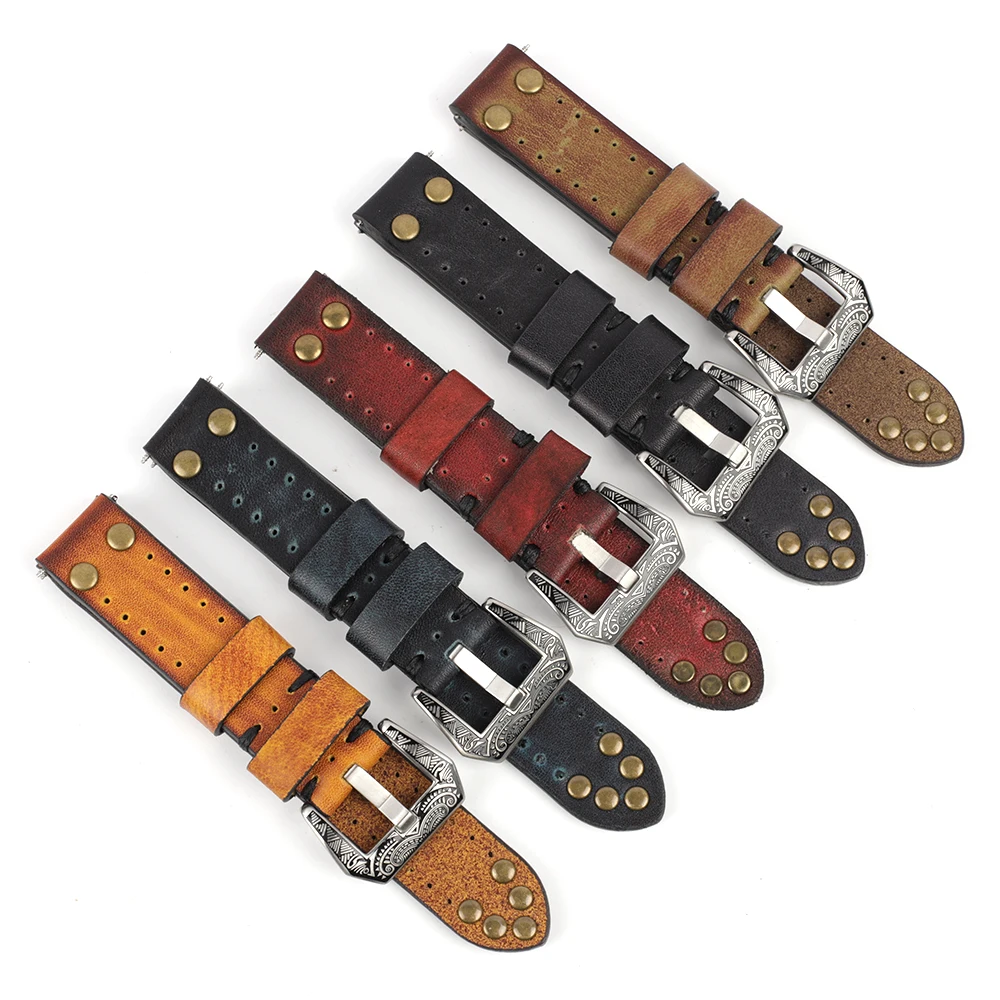 Rivet Leather Watch Strap Handmade Vintage Genuine Leather Watchbands Carving Buckle18mm 20mm 22mm 24mm Strap Watches Accessorie