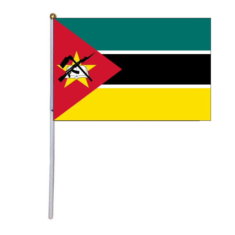 

free shipping xvggdg 100pcs 14 * 21cm National Flag Mozambique hand flags with plastic flagpole Polyester Printing flag