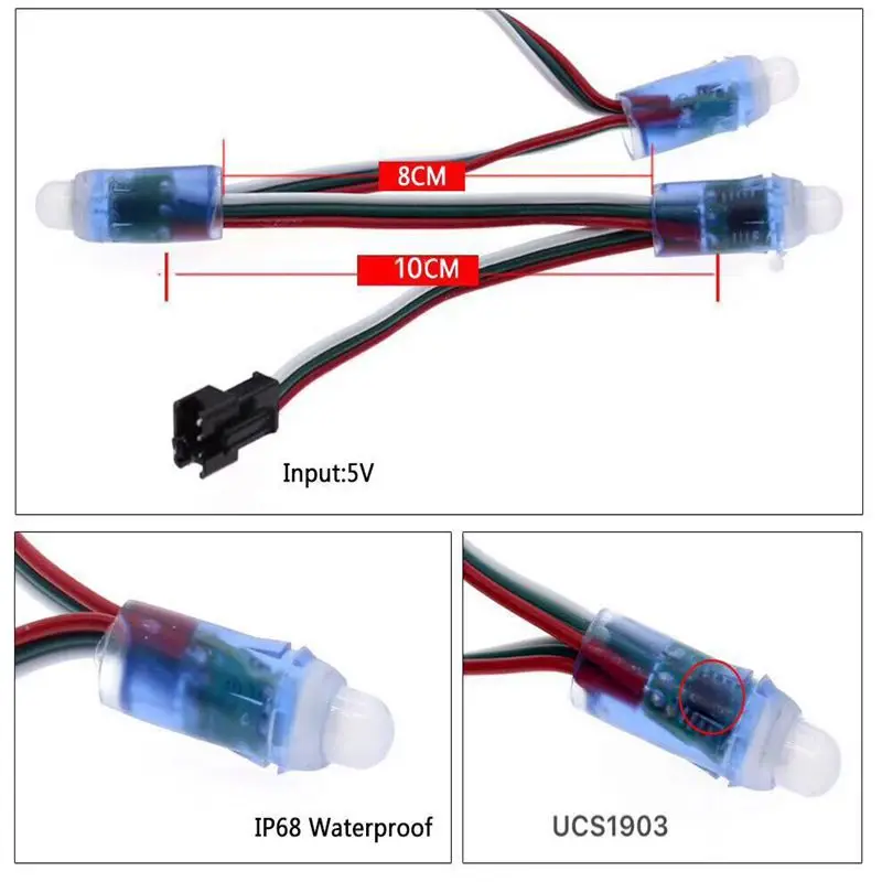 50 шт./лот DC5V WS2811 полноцветный светодиодный пиксельный световой модуль 12 мм 10 см/15 см провода IP68 водонепроницаемые RGB цифровые светодиодные струны