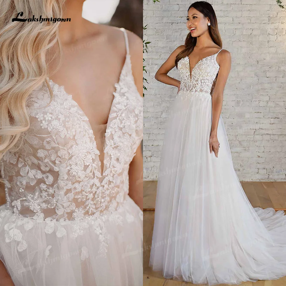 Vestidos de novia románticos con cuello en V con diseños florales bordados, Sexy, tirantes finos, Bohemia boda