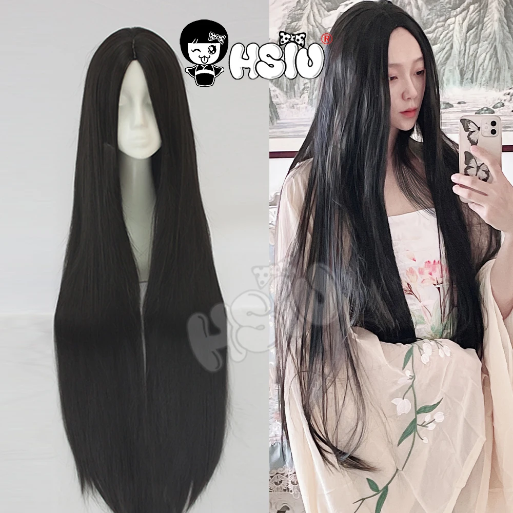 HSIU High Quality 100cm Long Straight Wig central parting Cosplay Wig black Costume Play Wigs Halloween party Anime Game Hair