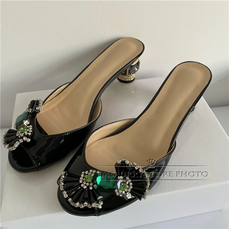 Gioielli con tacco a diamante Slingbacks Mules Lady Sexy Open Toe Crystal Candy sandali con strass con nodo a farfalla da donna