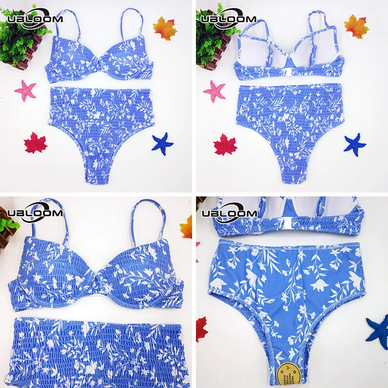 Bikini plissé à armatures pour femmes, maillot de bain deux pièces, Sexy, taille haute, soutien-gorge Push Up, motif Floral, pour baigneurs