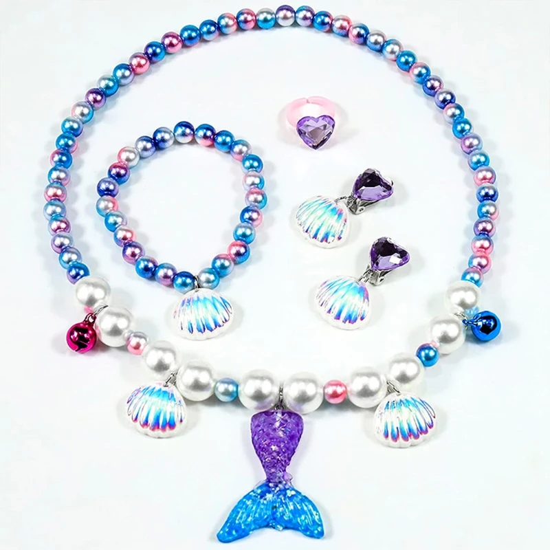 Children\'s Mermaid Themed Necklace Set Cute Girl 5 Pcs Kids  Princess Pearls Beads Necklace Bracelet Ring Set Jewelry Gift