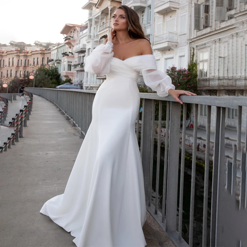 

V-Neck Off shoulder Half Sleeve Pleats Mermaid Wedding Dress Robe de Mariee Wedding Dresses Bride Gowns Vestido De Noiva