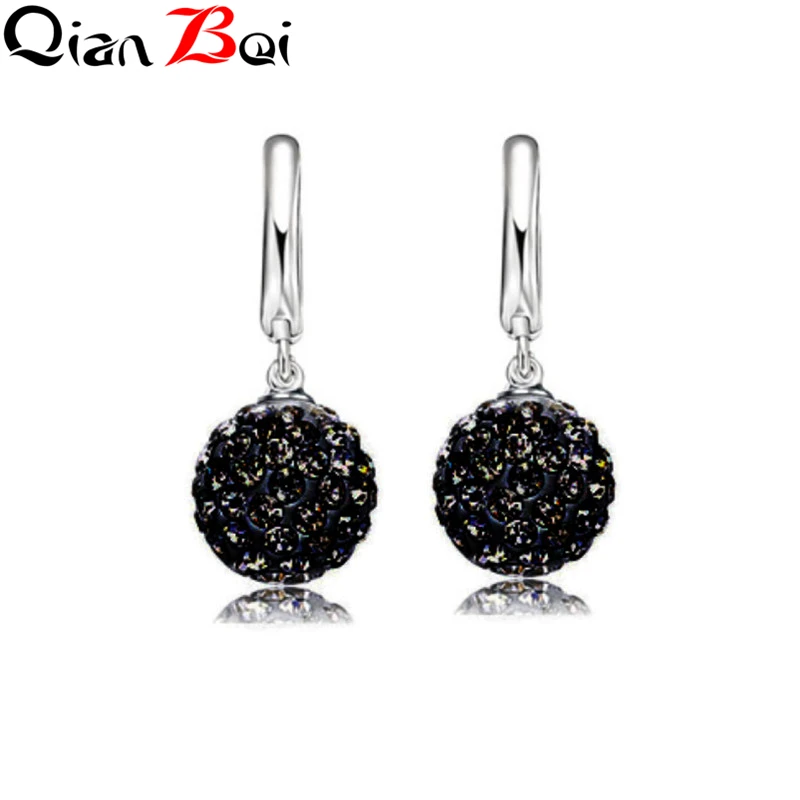 QianBei Hot Sale Multi Color 1 Pair Real Pure 925 Sterling Silver Austrian Pave Disco Ball Hoop Lever Back Earring Woman Jewelry