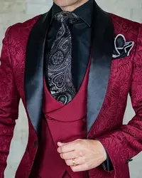 2024 Tailor-Made Burgundy Wedding Men Suits Slim Fit Tuxedo 3 Pieces Suits Groom Prom Jacquard Blazer Terno Masculino Suits