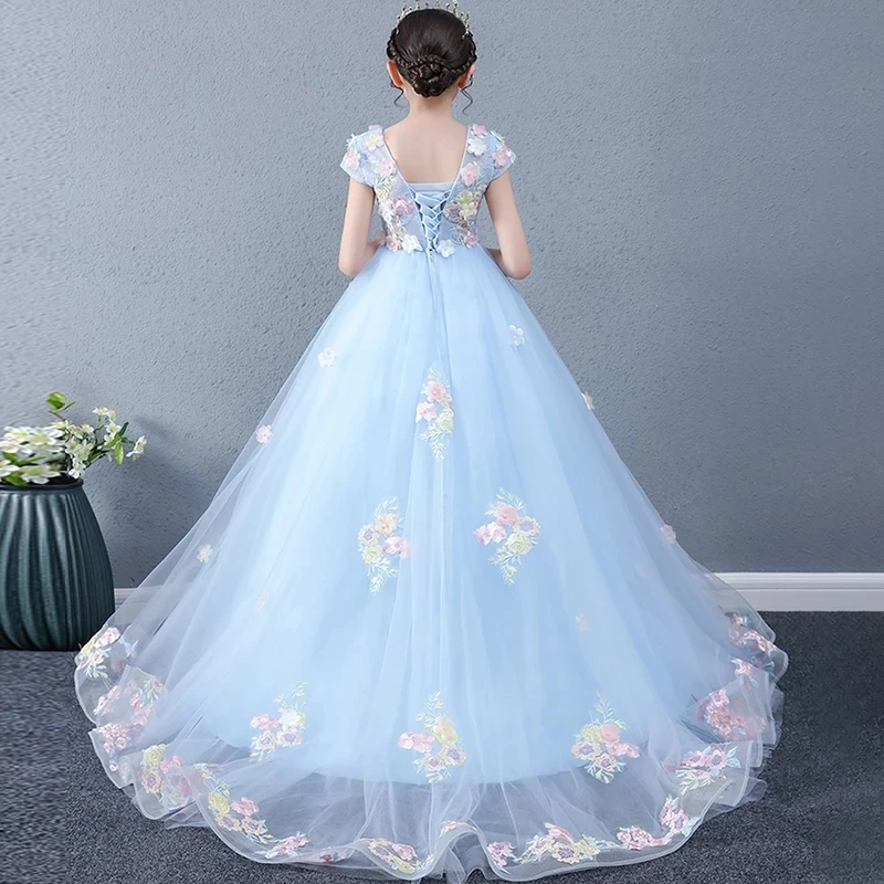 Flower Girl Dresses for Weddings Scoop Neck Short Sleeves Kids Party Communion Dresses Appliques Pearl Lace Up Princess Dress