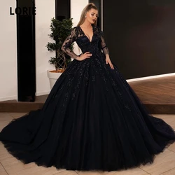 LORIE Ball Gown Abiti da sposa neri Abiti da sposa con applicazioni in pizzo con paillettes con maniche lunghe Abito da festa principessa con lacci Personalizzato