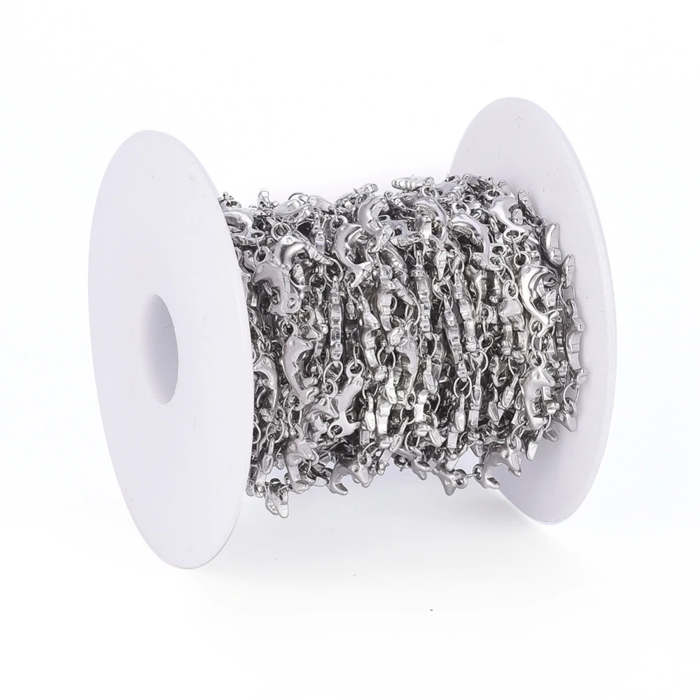 PandaHall 5m/roll 304 Stainless Steel Dolphin Link Chains, with Spool, Soldered, Stainless Steel Color, 3.5x2x0.3mm, 5m/roll