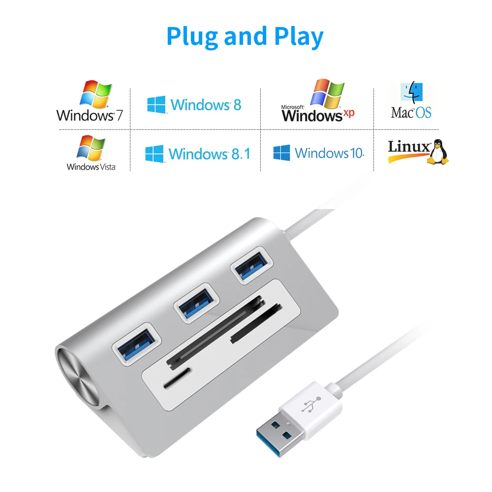 OEM ODM-multipuerto portátil 6 en 1, lector de tarjetas de memoria de cámara, todo en 1, USB 3,0, Hub de 4 puertos