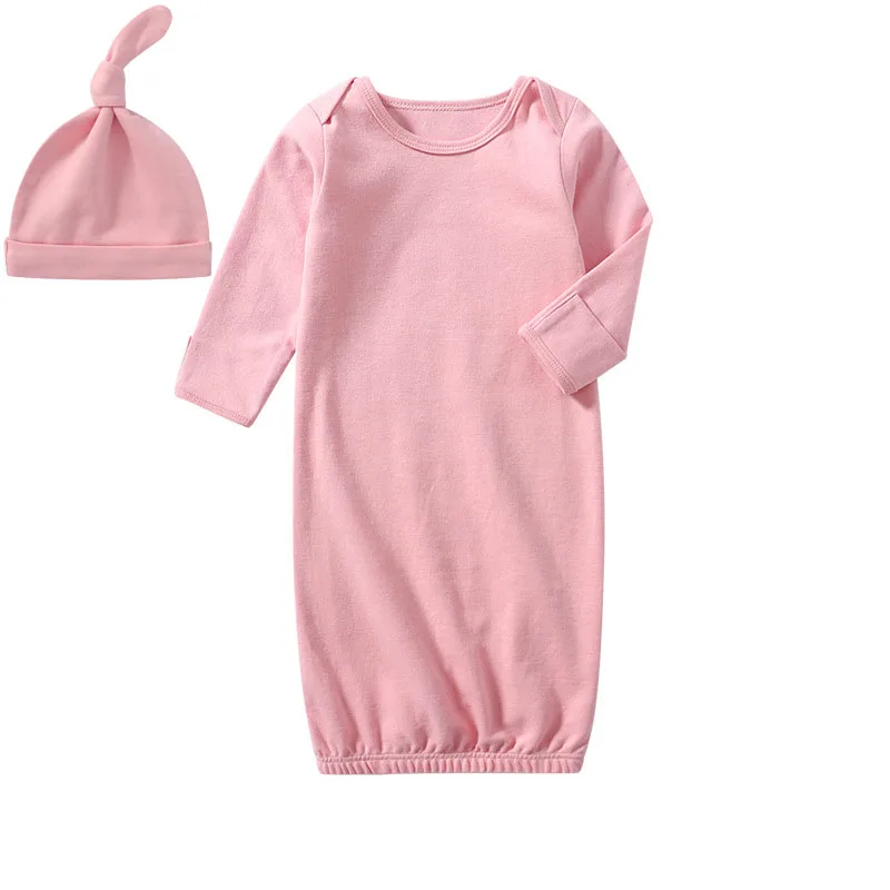 Cama de dormir rosa para menina, roupa para o bebê recém-nascido em casa, vestido personalizado para dormir + chapéu