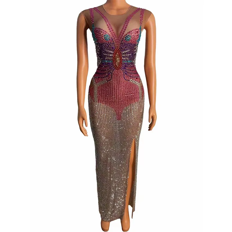 

Sexy Sparkly Full Rhinestone Transparent Dress Evening Birthday Wedding Celebrate Costume Butterfly Pattern Dancer Show Dress