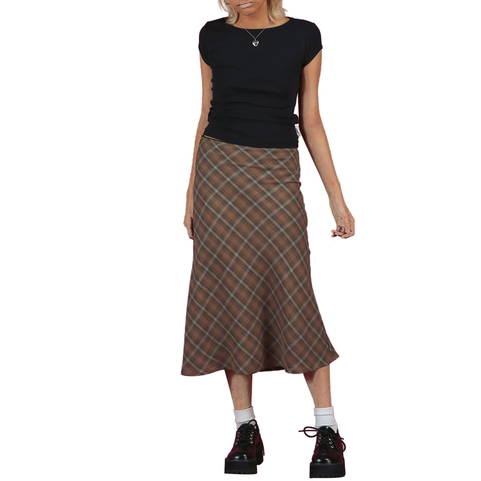 2021 Summer Y2K E-Girls Streetwear Vintage 90s Plaid High Waist Brown Midi Skirts Indie Aesthetics Printing A-Line Long Skirt