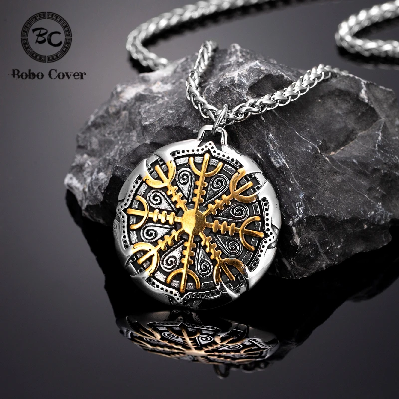 Never Fade Norse Compass Gold Color Necklace Men Vikings Runes Stainless Steel Trident Vegvisir Amulet Pendant Icelandic Jewelry