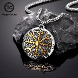 Never Fade Norse Compass Gold Color Necklace Men Vikings Runes Stainless Steel Trident Vegvisir Amulet Pendant Icelandic Jewelry