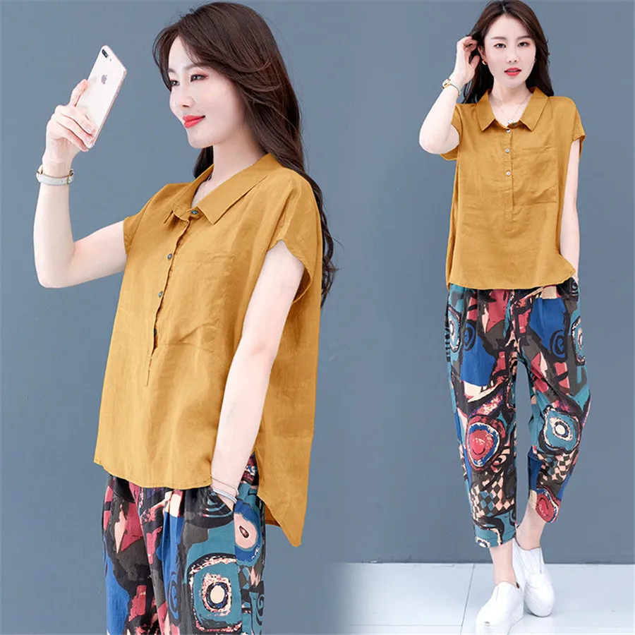 

Summer tracksuit two piece set women short-Sleeve pullover clothes Casual Print Pants Ladies