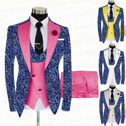 2021 Fashion Blue Floral Printed Men Suit 3 Piece Groom Wedding Tuxedo Slim Fit Shiny Blazer Suit Jacket Hot Pink Vest Pants Set