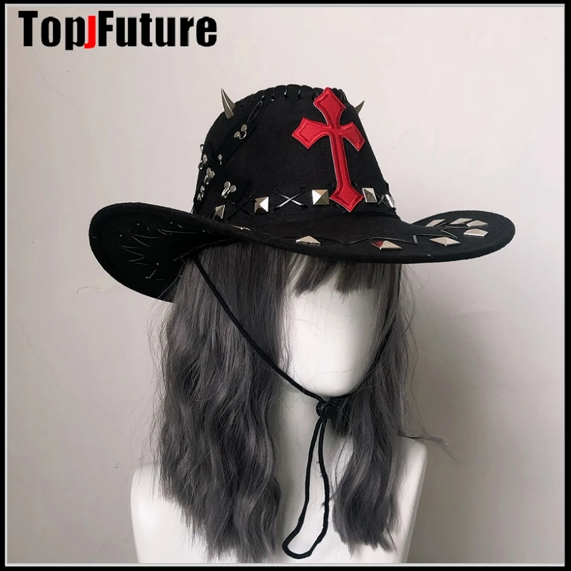 Gothic Lolita Harajuku spice girl hob-nail Hat Women Cowboy Hat With Rolled Brim Western Jazz Felt Hat Women Vintage men hat